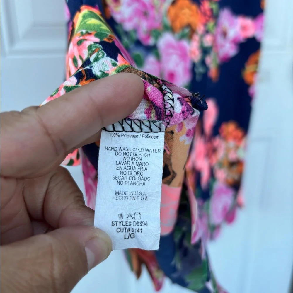 12 Pm By Mon Ami Navy Floral Midi Dress with Pink & Orange Blooms - Picture 5 of 7